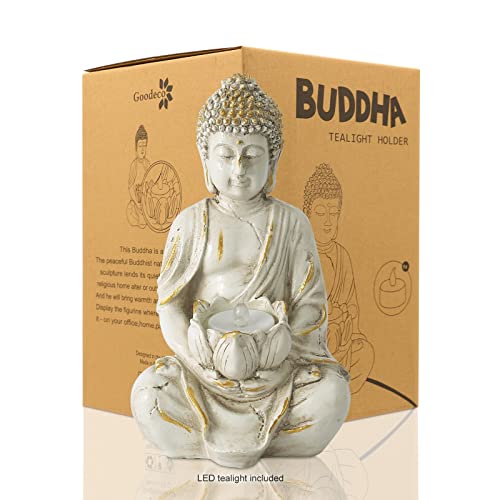 White Gold 8" Buddha Statue with LED Tea Lights Candle Holder M700751