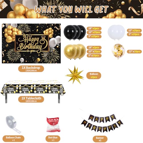 121PCS Happy Birthday Party Supplies Including Backdrop, Balloon Arch Kit, Tablecloth, Banner E6575