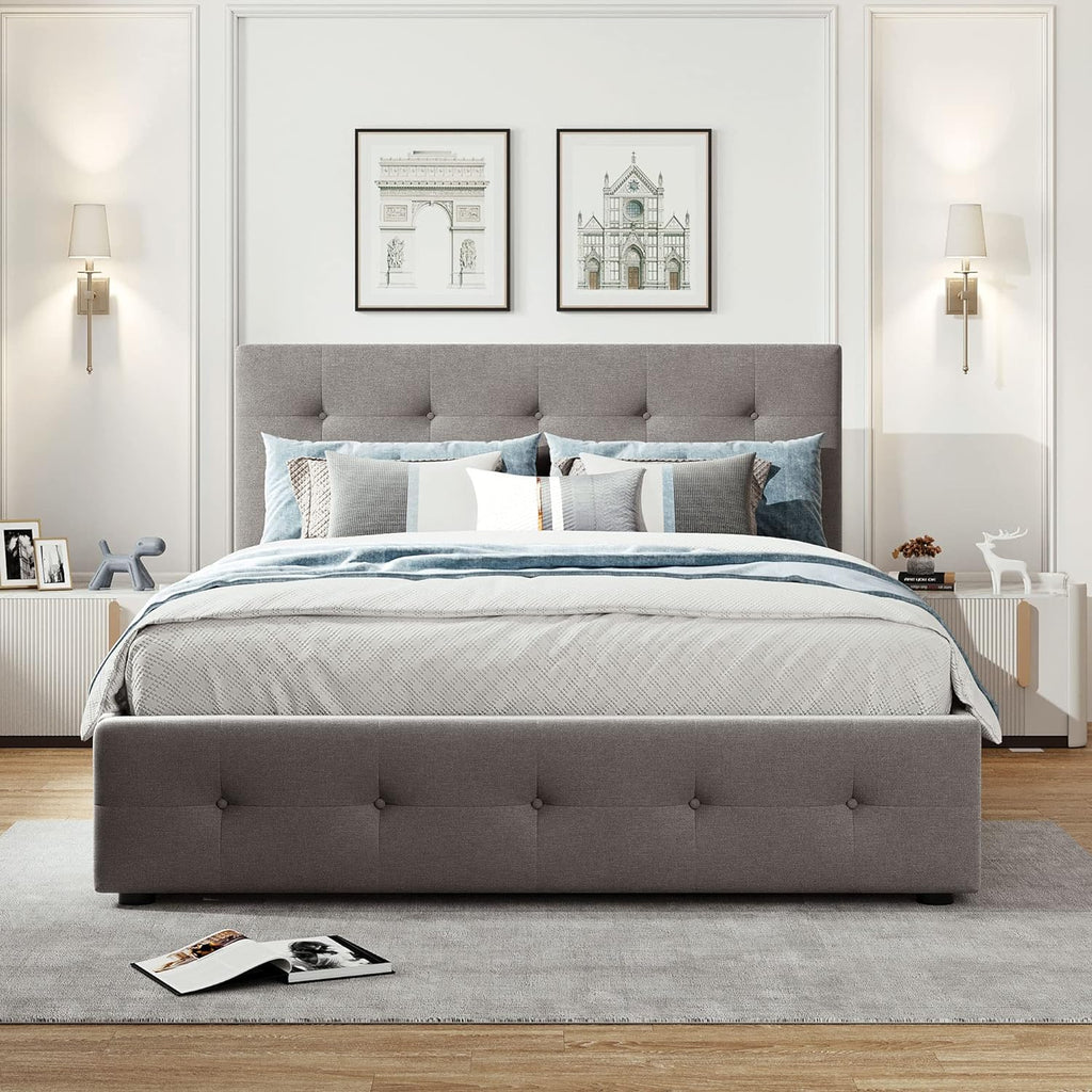 Light Gray Upholstered Platform Bed with Drawers N9122