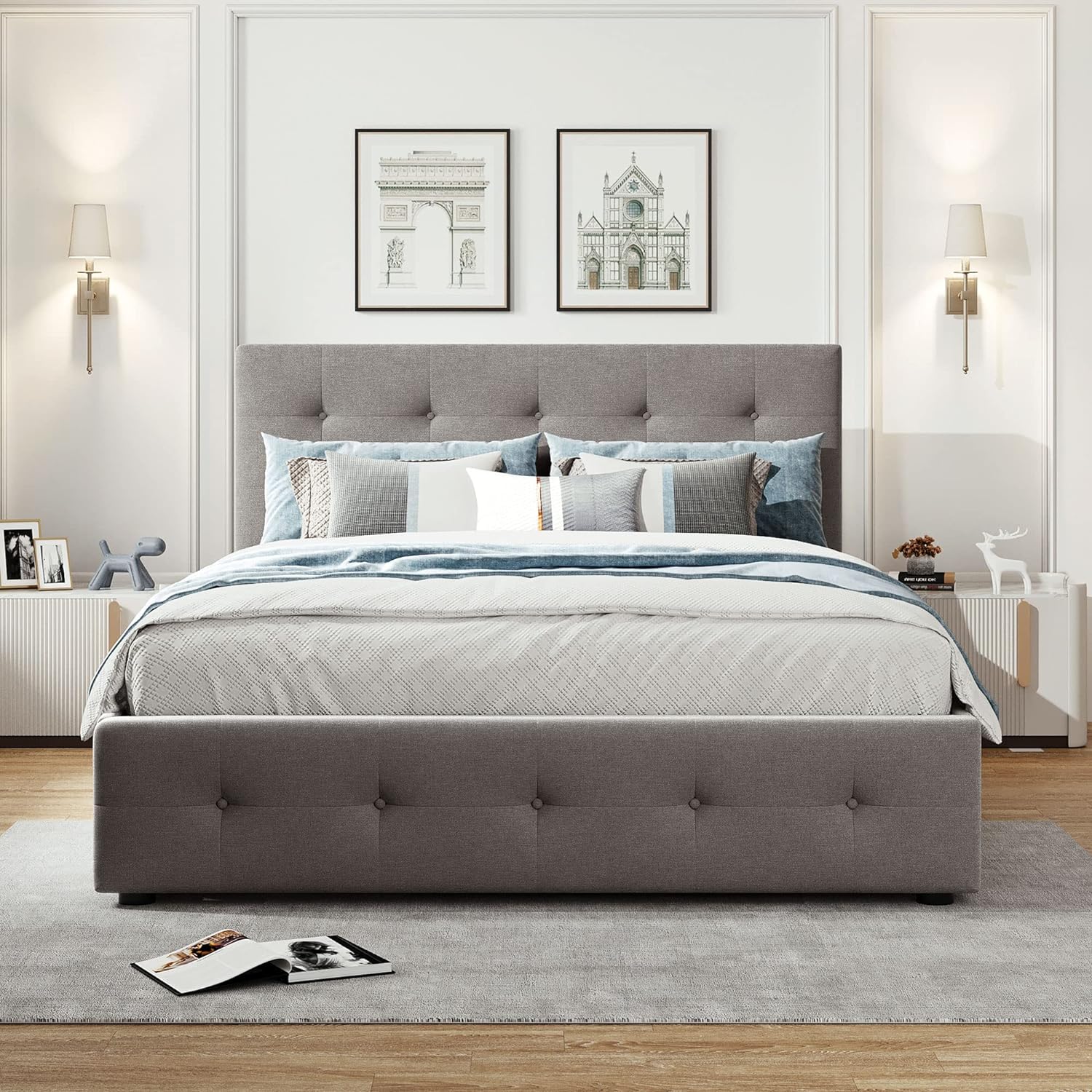 Light Gray Upholstered Platform Bed with Drawers N9122