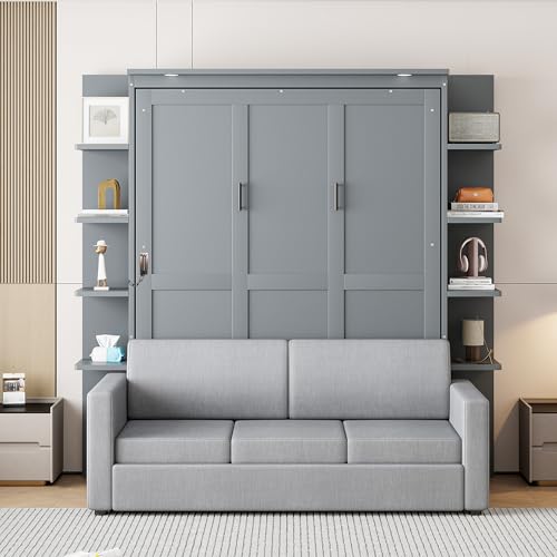 White Queen Size Wood Murphy Bed with Storage Shelves W17579
