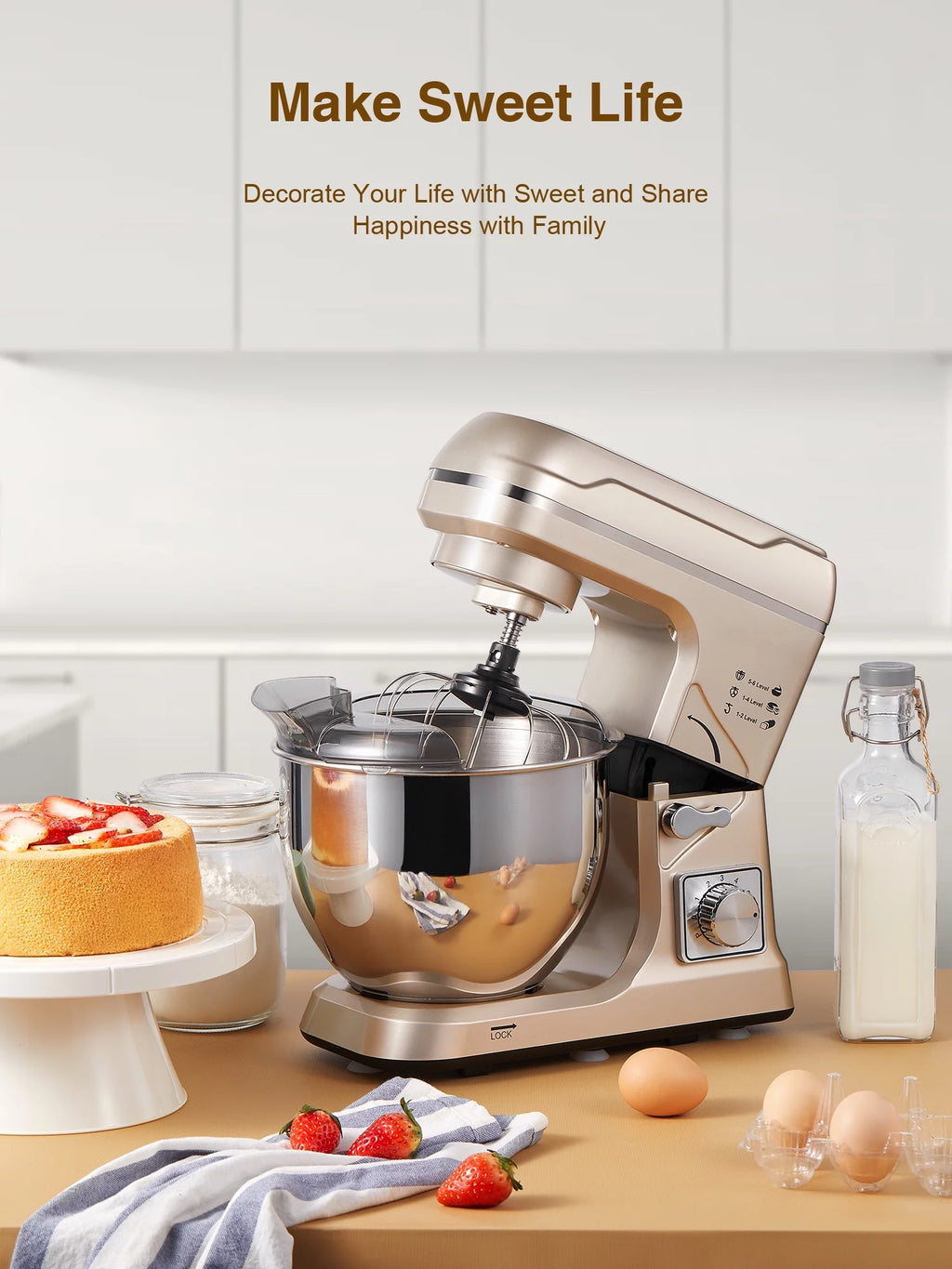 5.5QT Tilt-Head Stand Mixer with Dough Hook, Whisk & Beater, Gold X63956