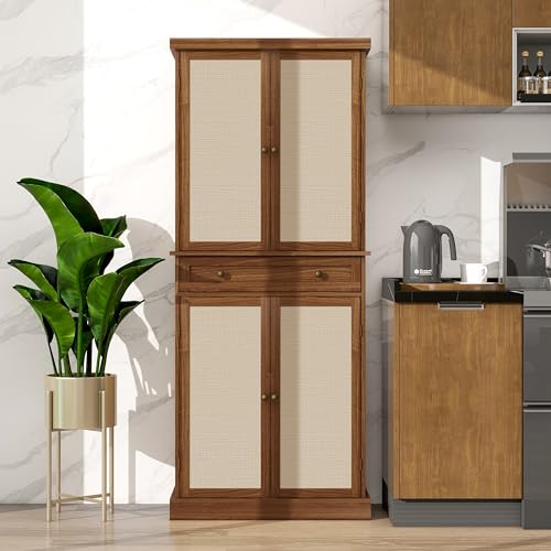 Tall Cabinet with 4 Rattan Doors and 1 Drawers, Adjustable Shelves (Walnut) U4723