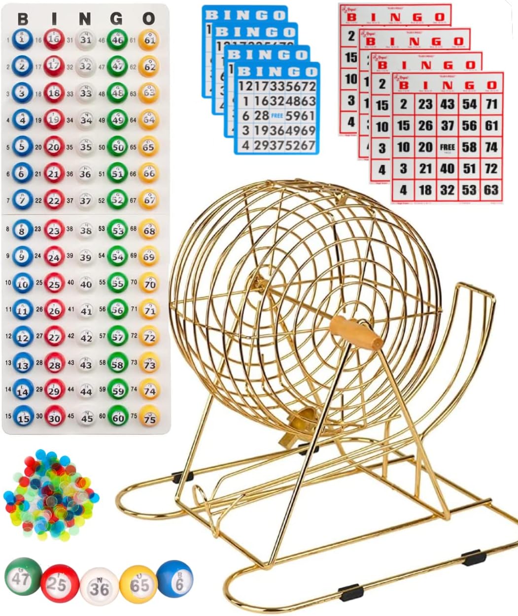11” Red Bingo Cage with 50 Jumbo Reusable Cards, 18 Standard Bingo Cards, 150 Chips, Master Board, 75 Bingo Balls G804