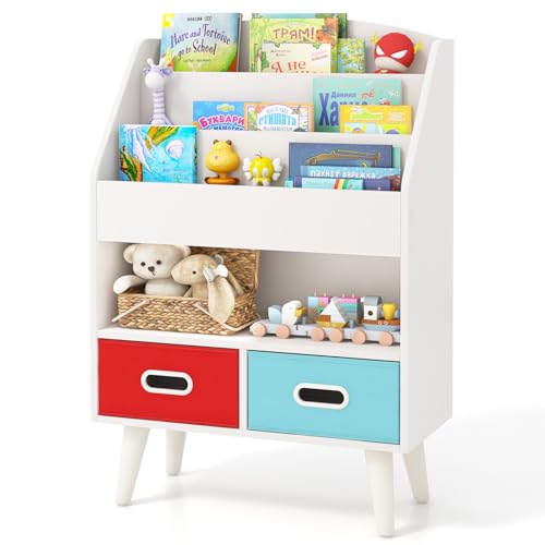 White Wooden Kids Bookshelf with 2 Cube Bins N30847