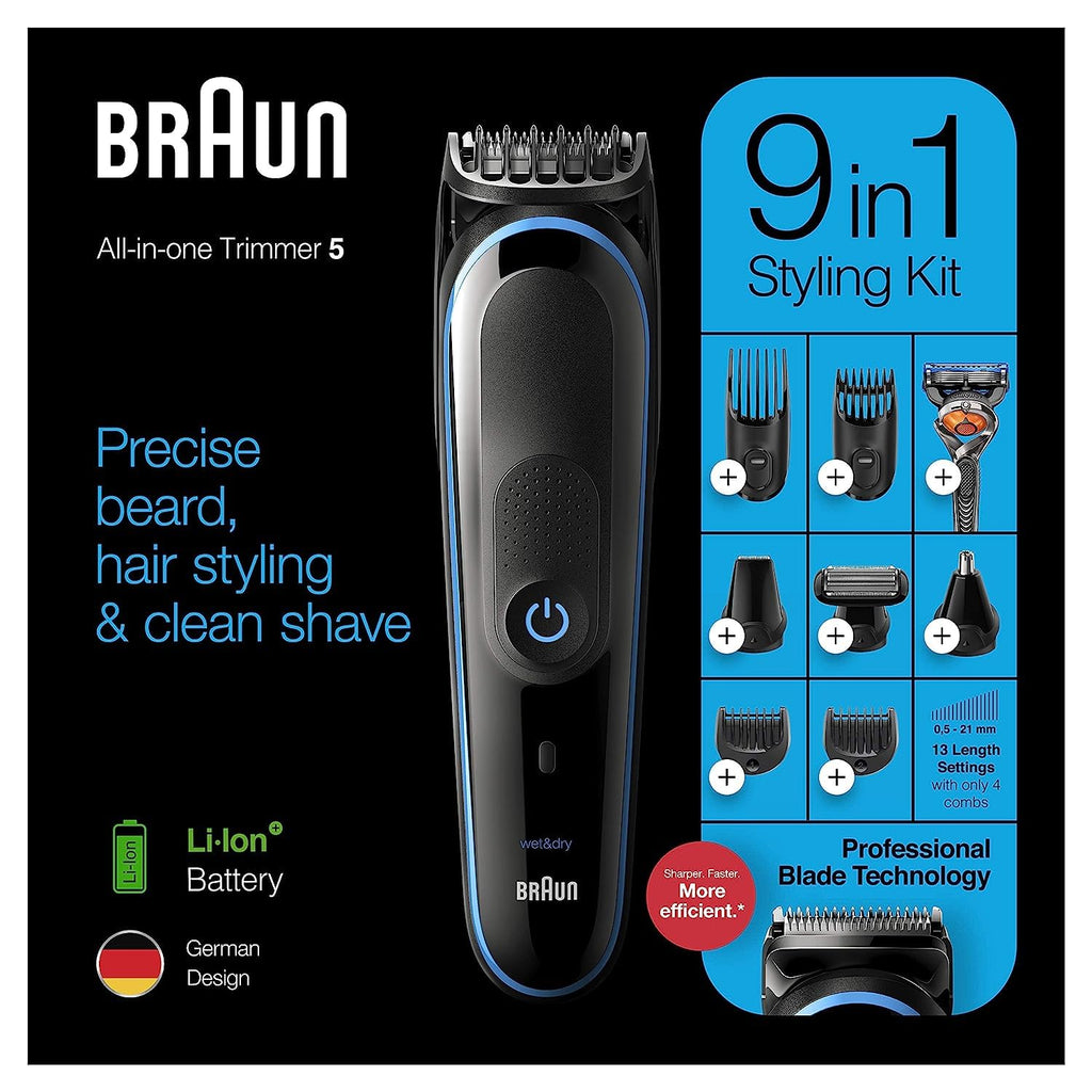 9-in-1 Hair Clippers, Beard, Ear and Nose Trimmer, Cordless & Rechargeable, Black/Blue Y2003