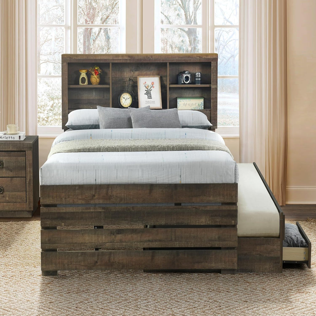 Twin Size Bookcase Captain Bed with Three Drawers and Trundle, Rustic Brown W123