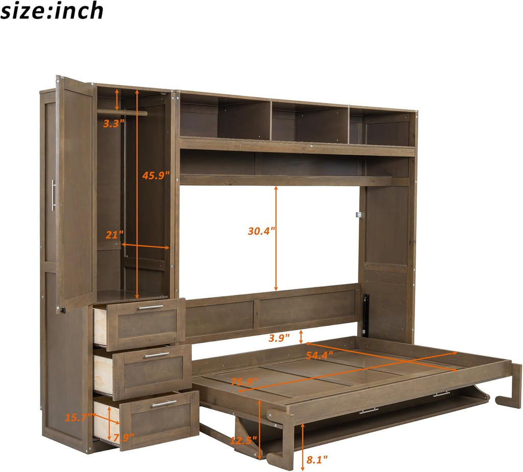 Full Size Murphy Bed Frame with Wardrobe, 3 Drawers and Open Shelves T428