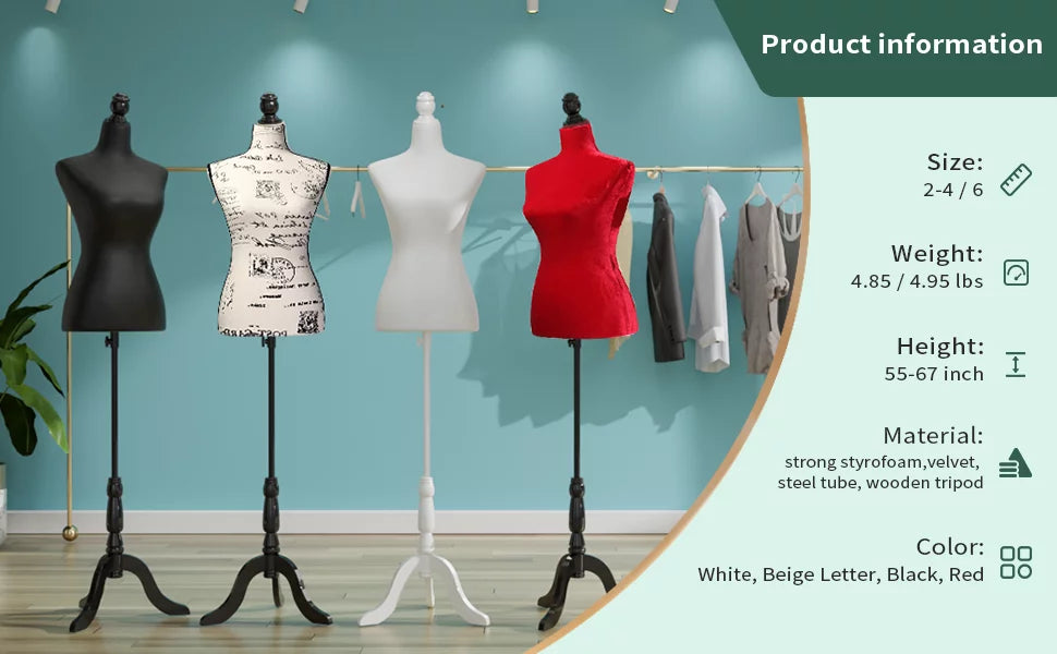 Female Dress Form Mannequin Body Torso with Wooden Tripod Base Stand W888007