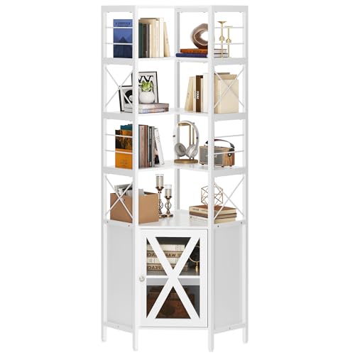 White 7-Tier Corner Bookshelf with Doors J3849