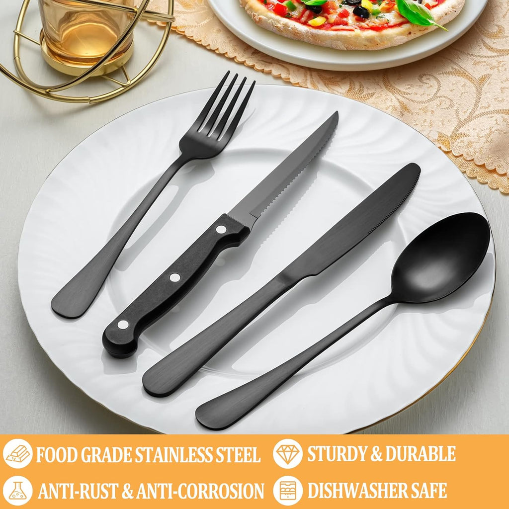 48 Piece Matte Black Stainless Steel Flatware Set with Steak Knives Y4581