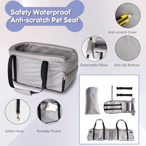 Small Dog Car Seat Center Console, Waterproof Grey Leather Pet Booster X62758