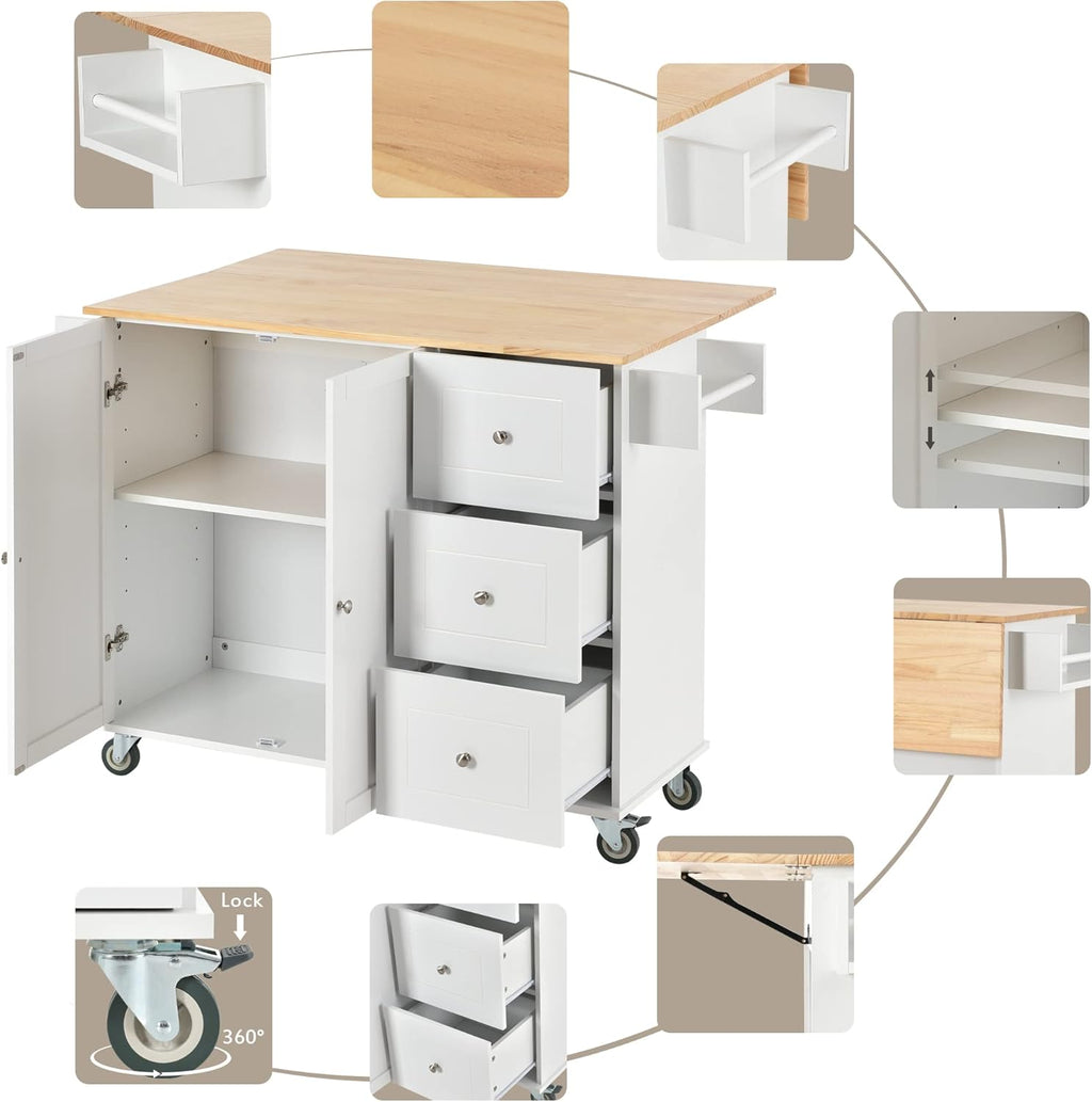 White Kitchen Island with 3 Drawers and Rolling Cart P231749