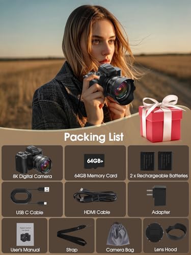 8K Digital Camera, 88MP, WiFi, Touch Screen, 16X Zoom, Autofocus, Anti-Shake, Dual Camera, 2 Batteries, 64GB Card, Flash, Lens Hood P24850