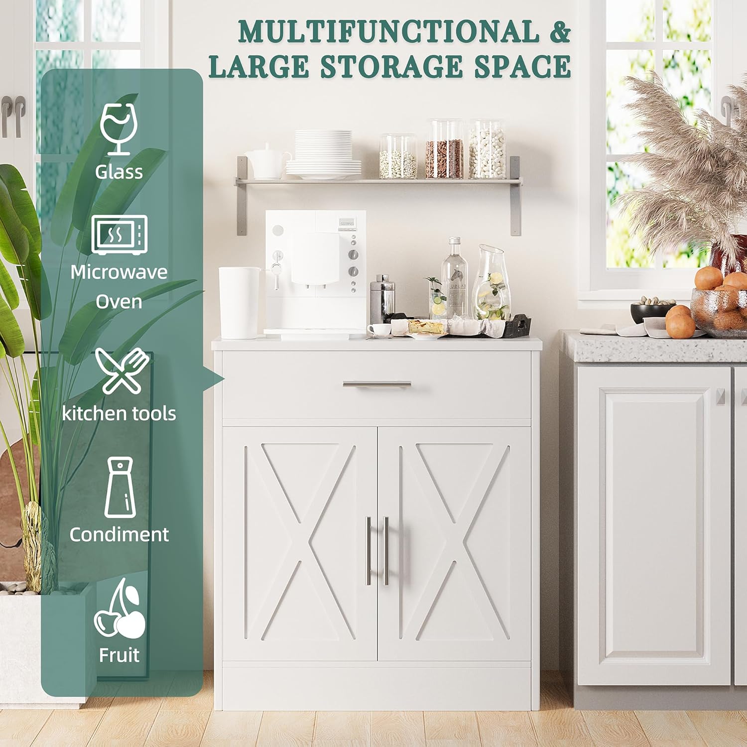 Ivory White Wood Sideboard Buffet Cabinet with 2 Doors J81803