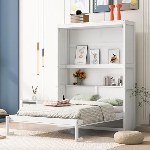 Gray Queen Size Wood Murphy Wall Bed with Shelves T522934