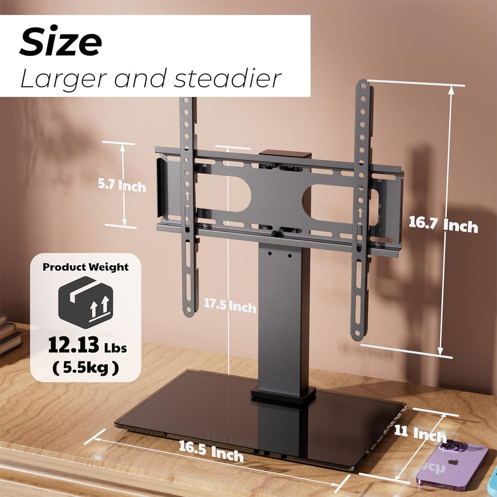 Swivel Height Adjustable TV Stand with Tempered Glass Base, BLACK I711