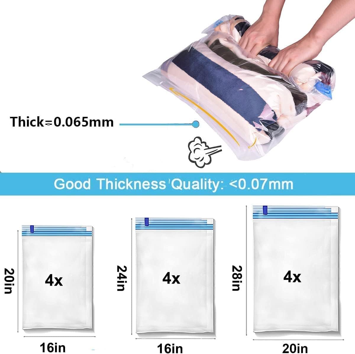 12 Pack Roll Up Reusable Vacuum Storage Bags (Jumbo×4, Large×4, Small×4) V70310