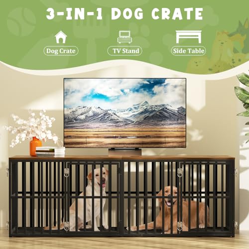 Black 76" Wooden Double Dog Crate with 4 Doors C27963