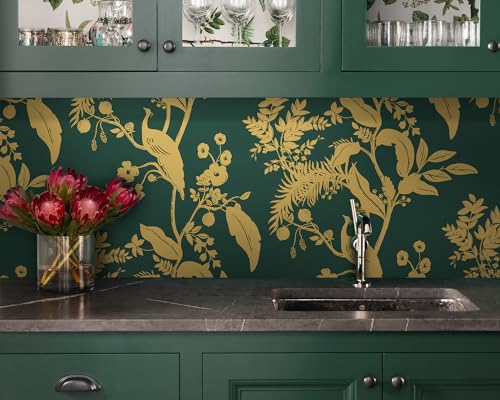 Dark Green Gold Vintage Floral Peel and Stick Wallpaper 17.3" X 118" K225