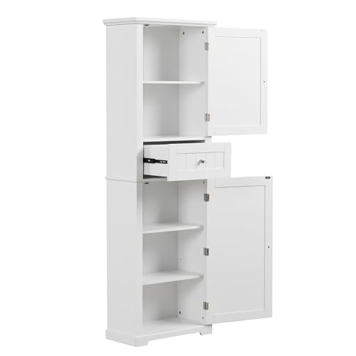 White Tall Bathroom Storage Cabinet with 2 Doors, 5 Shelves, 1 Drawer N324