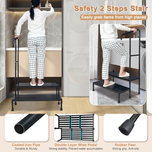 Two Step Stool with Handle Adjustable Wide Platform W663