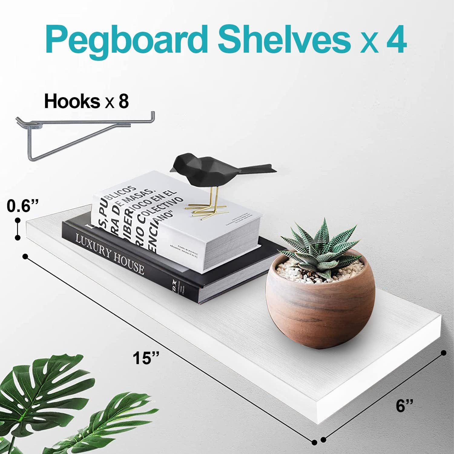 White Stain-Resistant Pegboard Shelf Set with Steel Brackets and Hooks, Pack of 2 O222