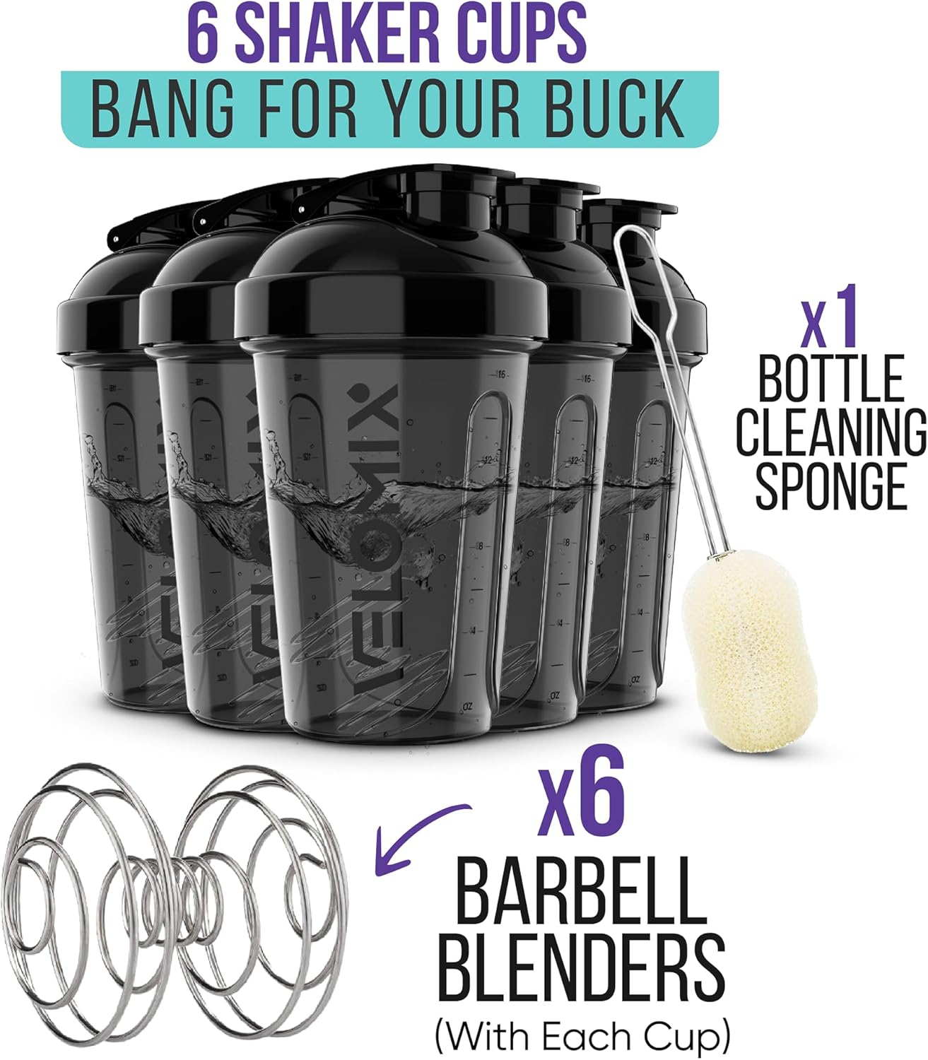 20 OZ 6 Pack Black Protein Shaker Bottles S3084