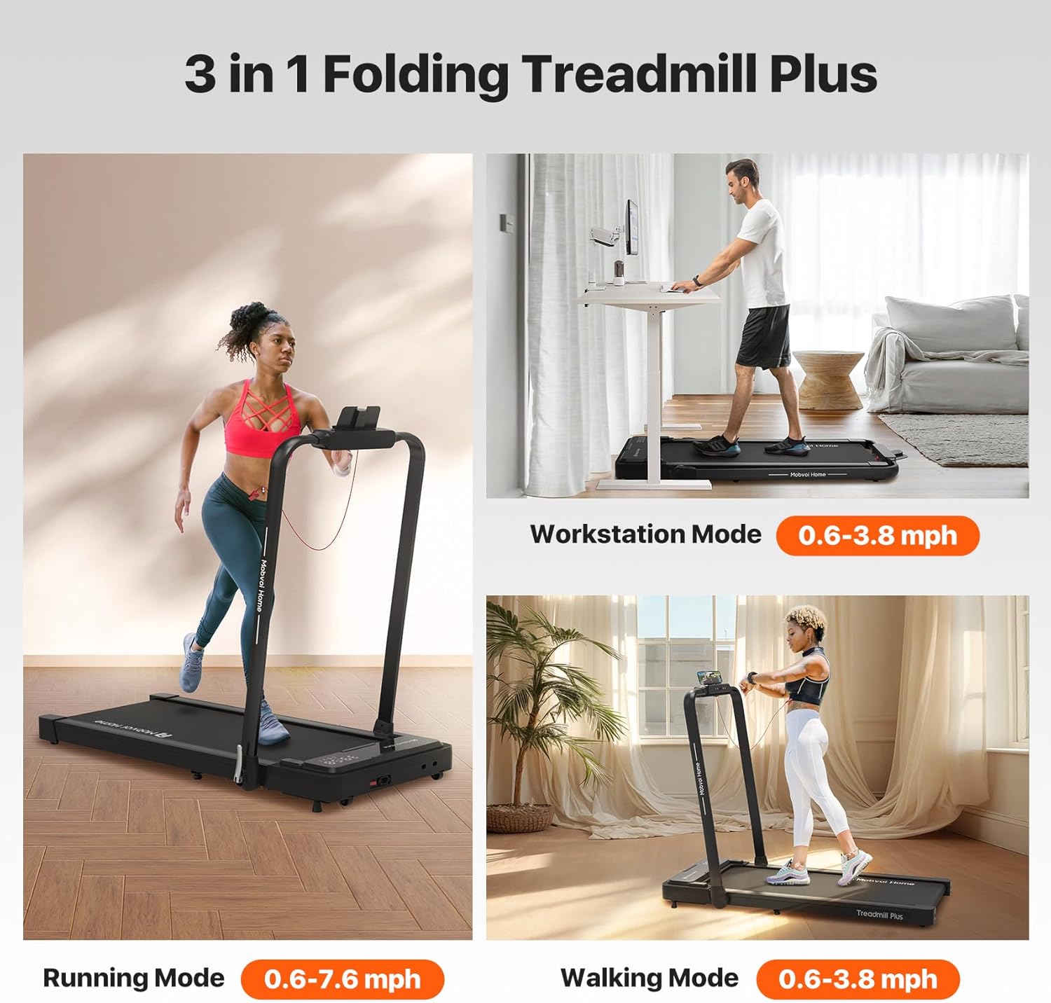 3 in 1 Folding Treadmill Walking Pad Compact Under Desk Running Walking Machine N61306