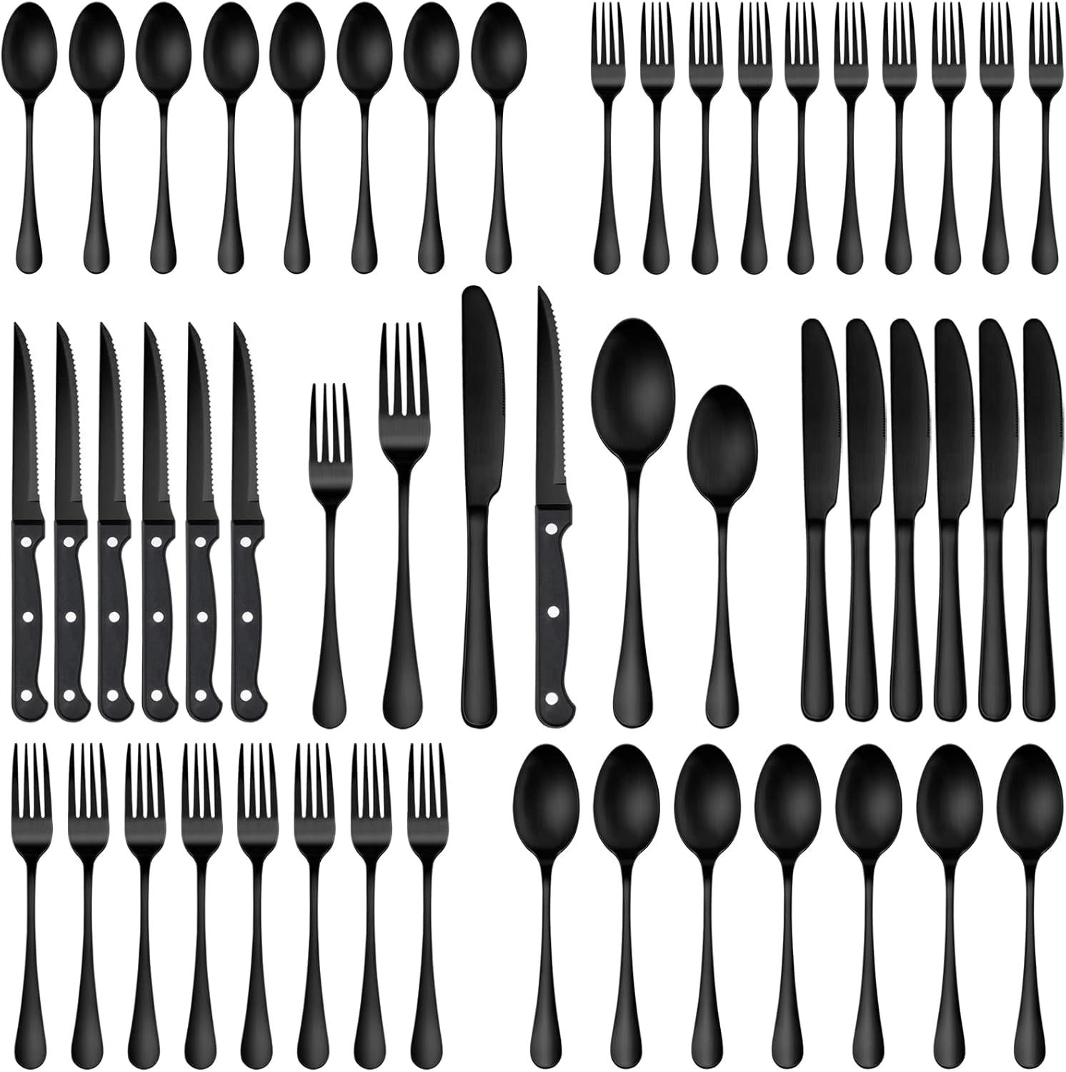 48 Piece Matte Black Stainless Steel Flatware Set with Steak Knives Y4581