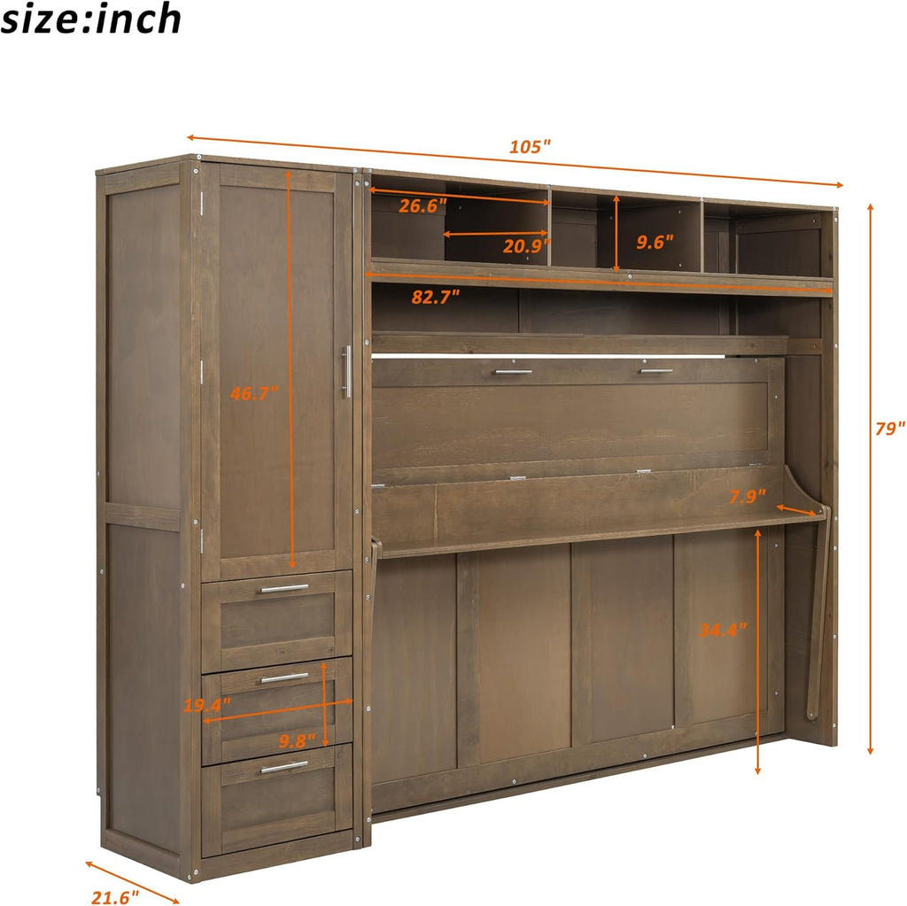 Full Size Murphy Bed Frame with Wardrobe, 3 Drawers and Open Shelves T428