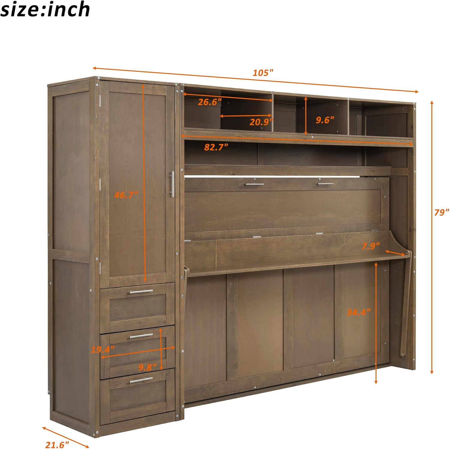 Full Size Murphy Bed Frame with Wardrobe, 3 Drawers and Open Shelves T428