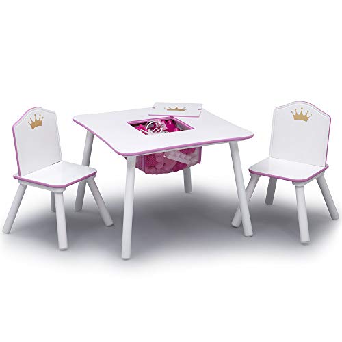 White/Pink Kids Wood Table and Chair Set with Storage J624