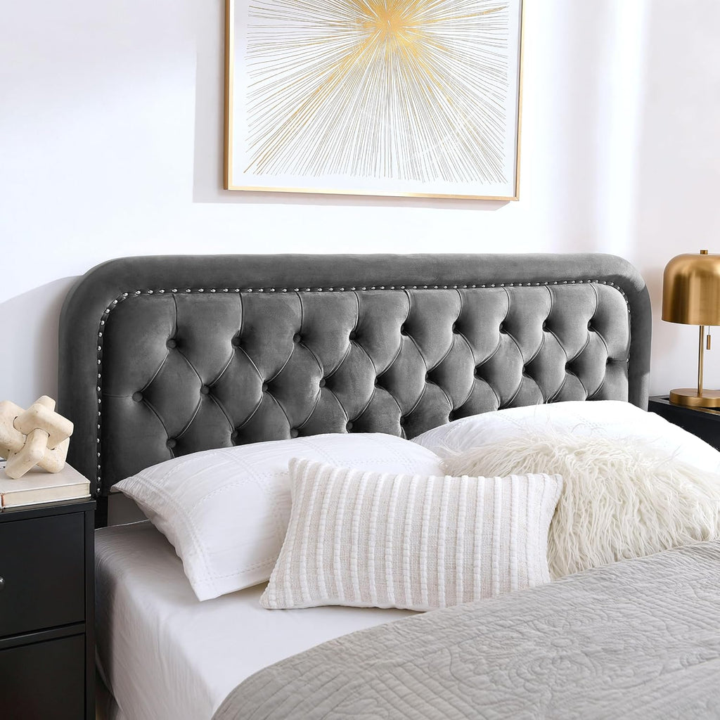 Grey Velvet Full Size Tufted Upholstered Headboard J628565