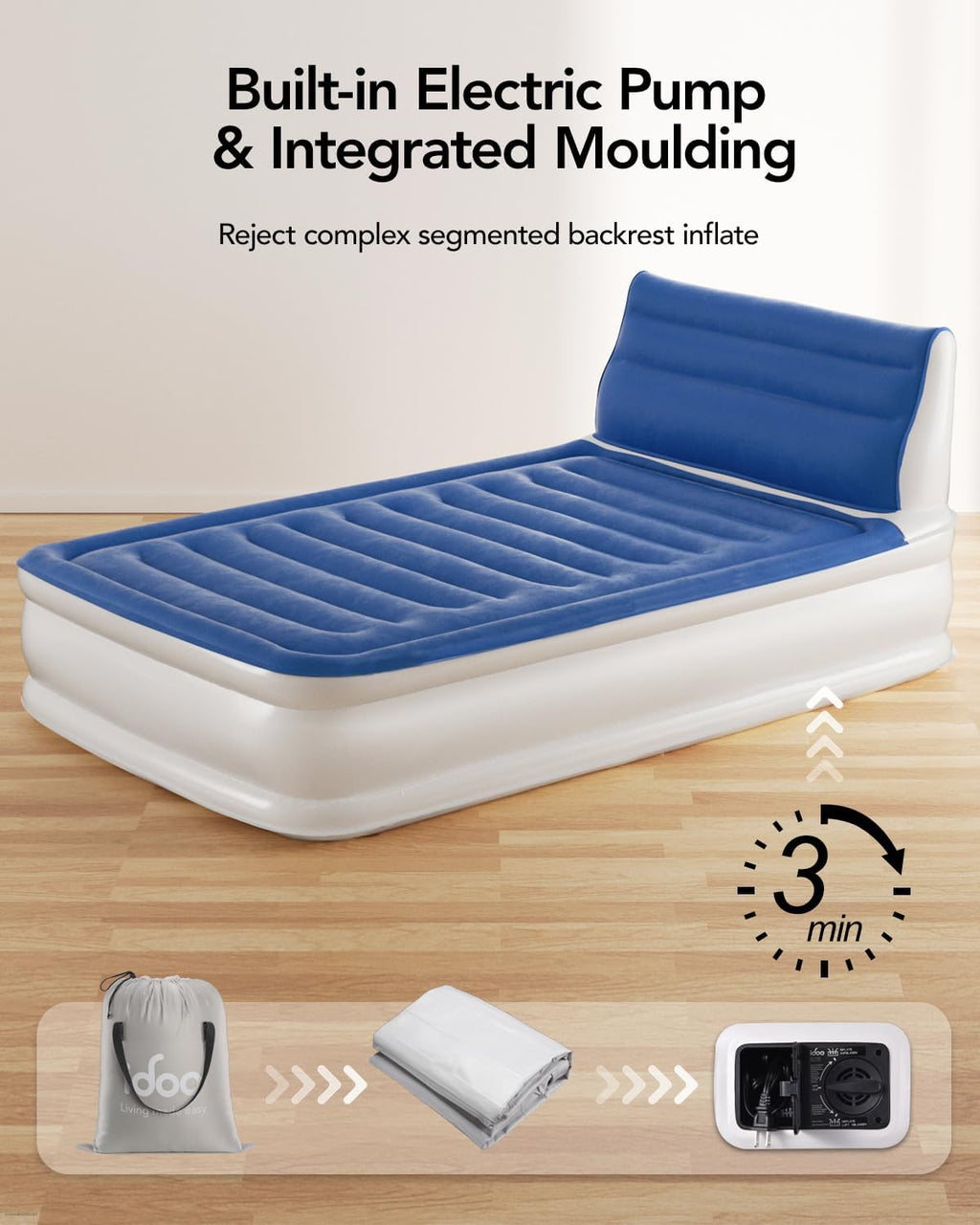 15" Blue Full Size Air Mattress with Built in Pump I834