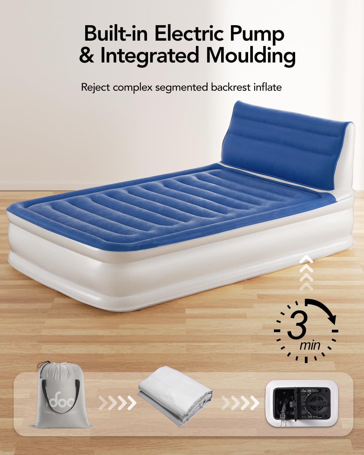 15" Blue Full Size Air Mattress with Built in Pump I834