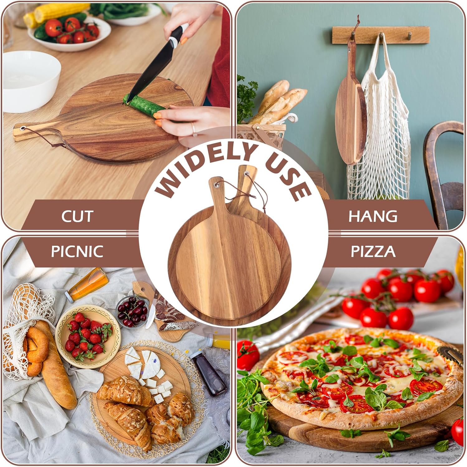 16 Pack Acacia Wood Cutting Board with Handle Thick Round Charcuterie Boards 2 Size K46775