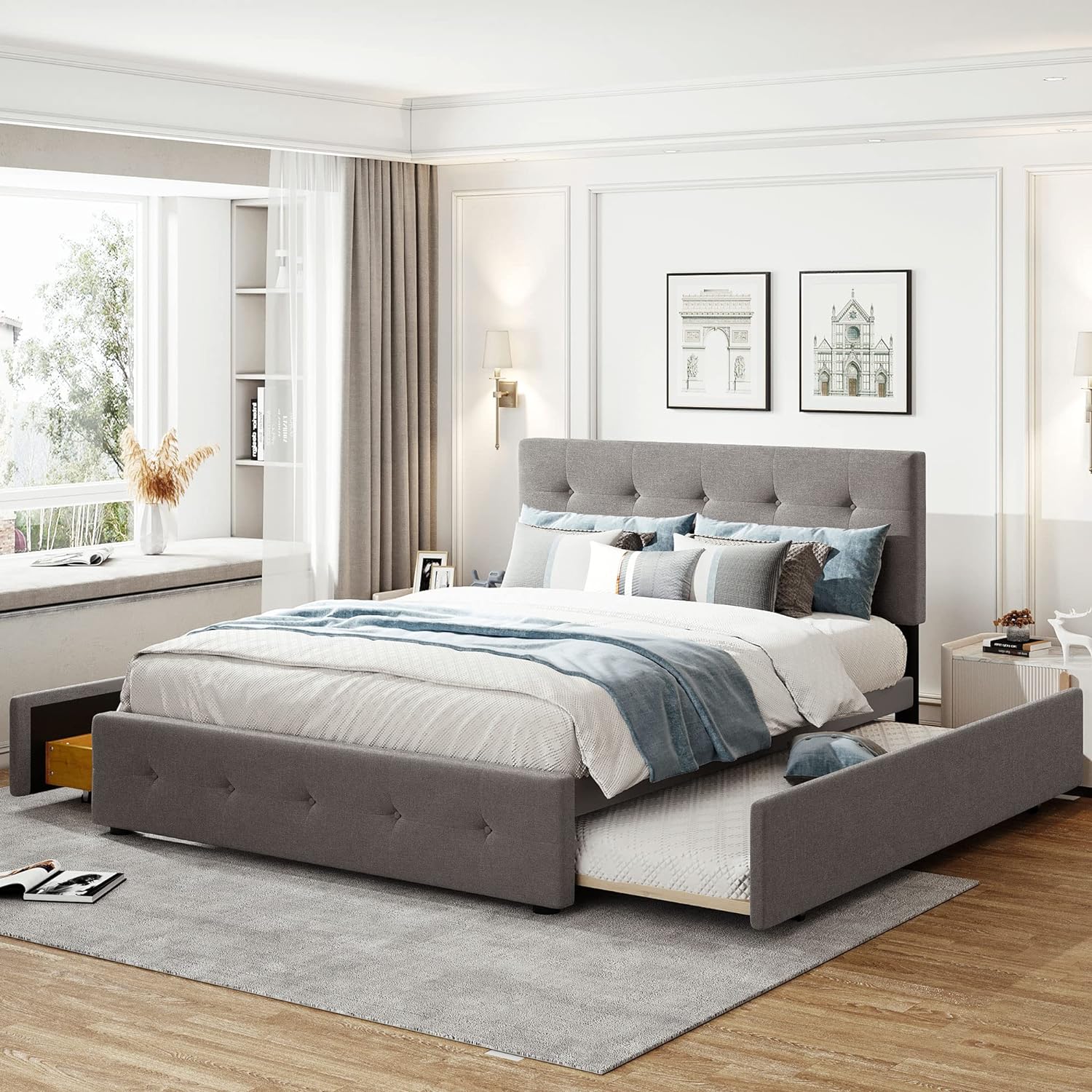Light Gray Upholstered Platform Bed with Drawers N9122