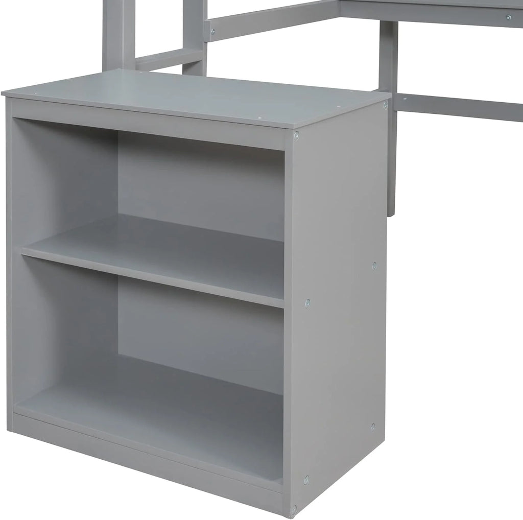 Gray Wood Loft Bed Frame With Desk, Storage Shelves And Writing Board, Two Ladders And Moveable 2-Shelf Cabinet C338