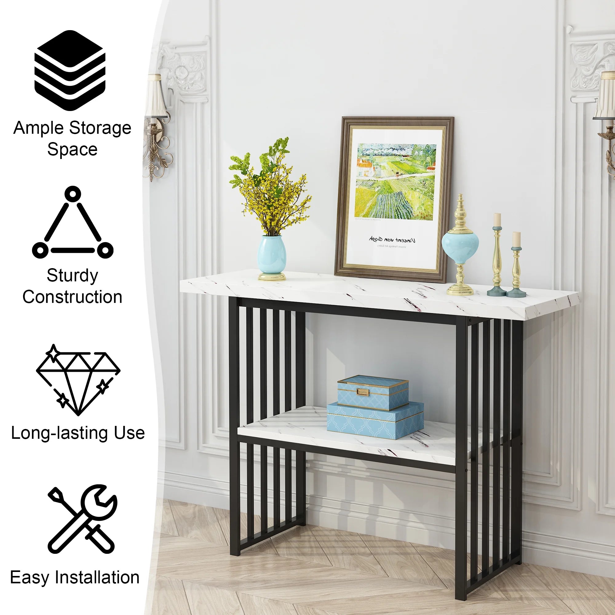 Black 42-Inch Narrow Console Table with Faux Marble Top and Metal Legs V26379