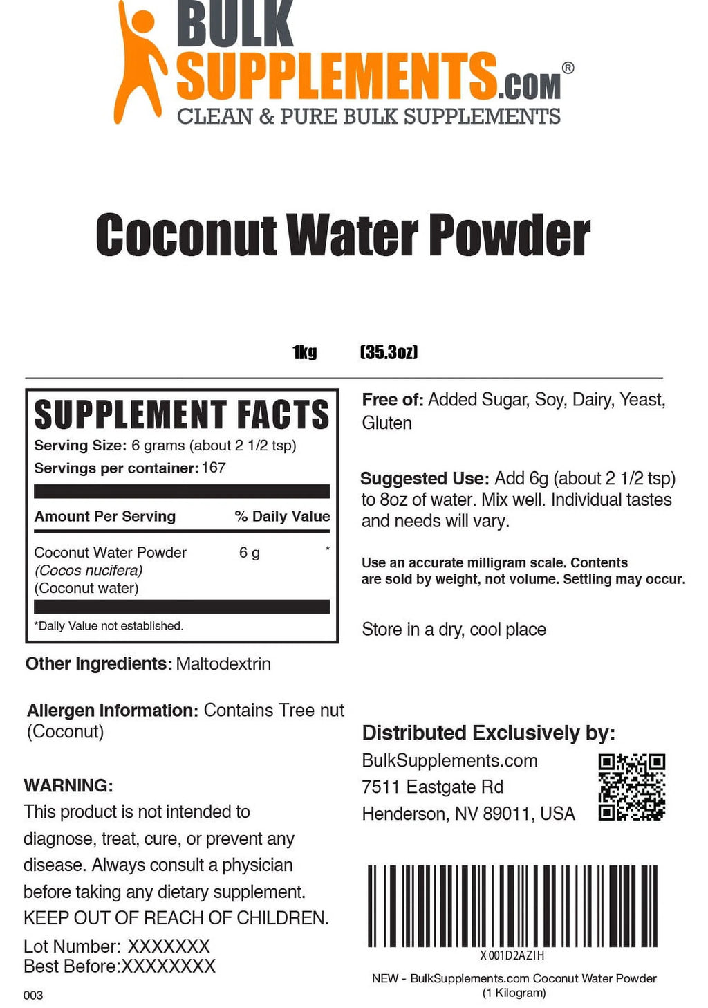 Coconut Powder Electrolyte Supplement Drink Mix (1 Kilogram - 2.2 lbs) I8898