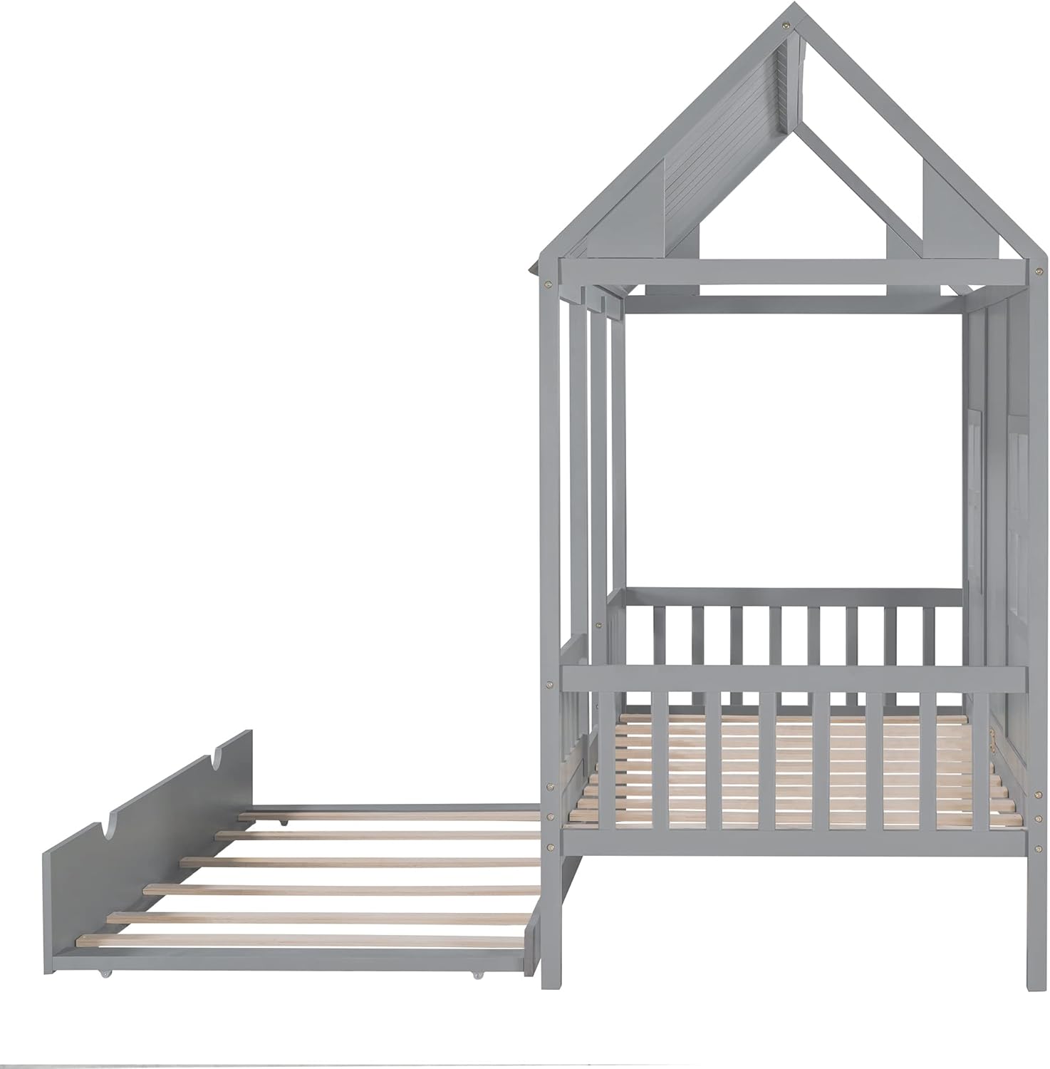 Gray Twin Size Wooden House Bed with Trundle F23323