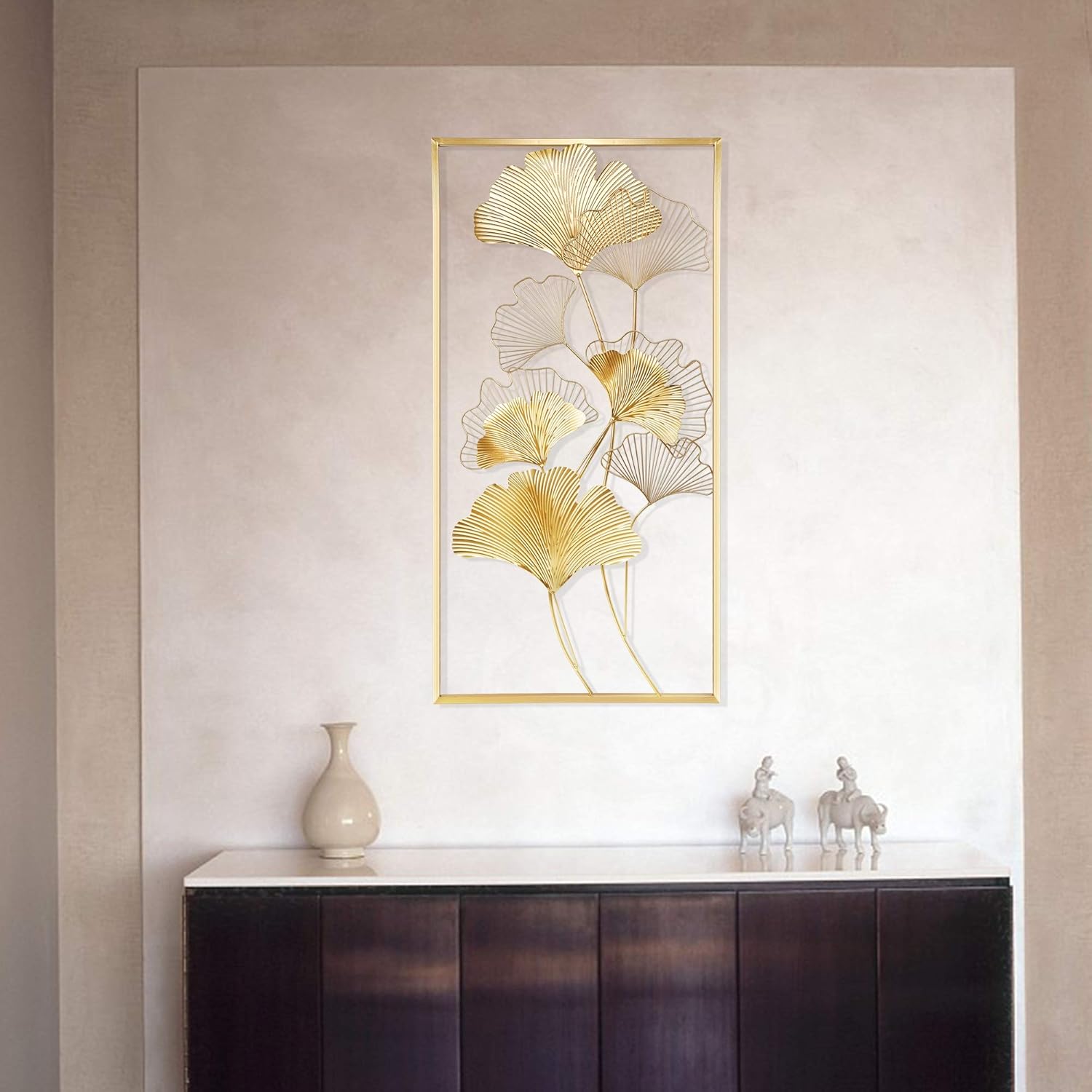 39" X 20" Golden Metal Ginkgo Leaf Wall Hanging Decor O3361