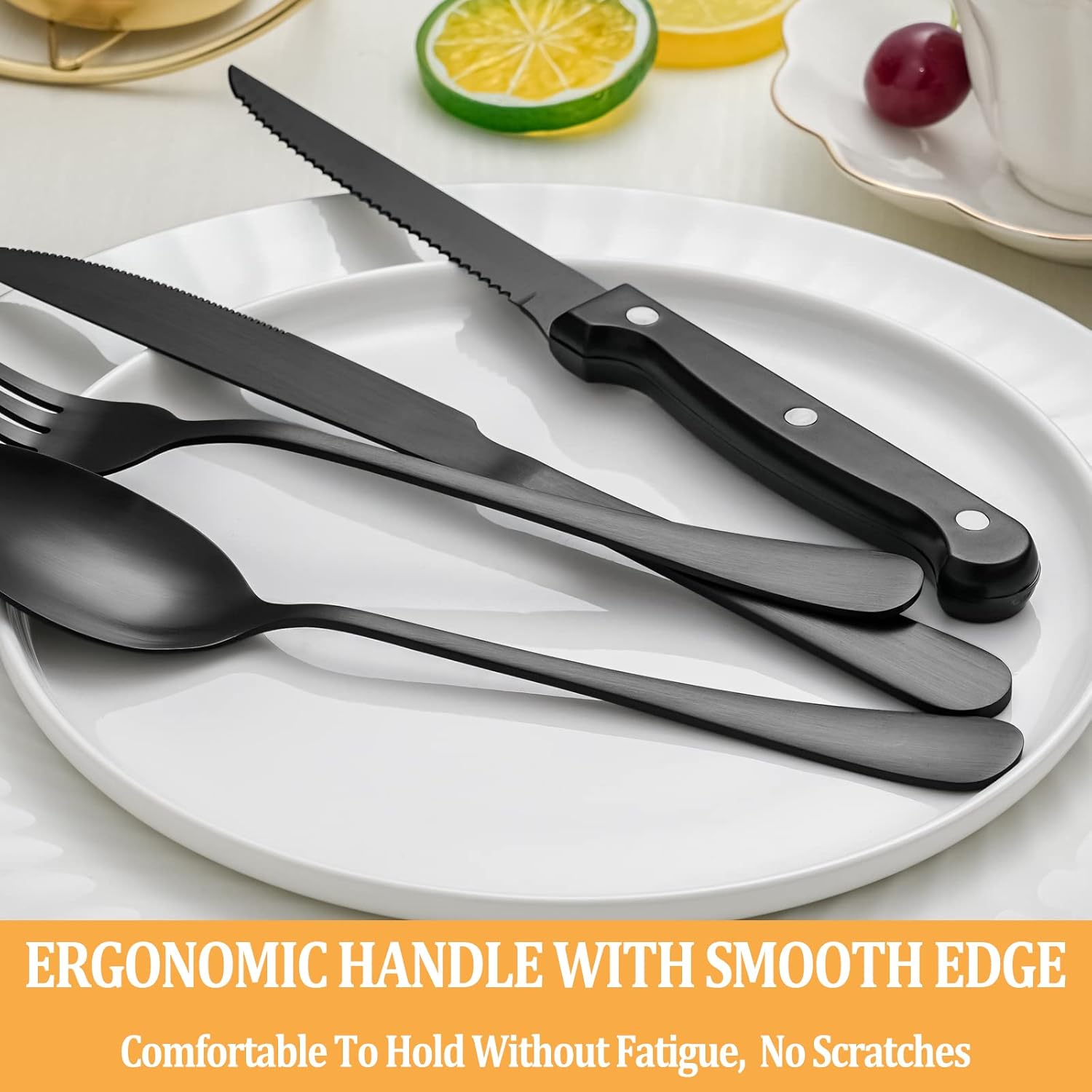 48 Piece Matte Black Stainless Steel Flatware Set with Steak Knives Y4581