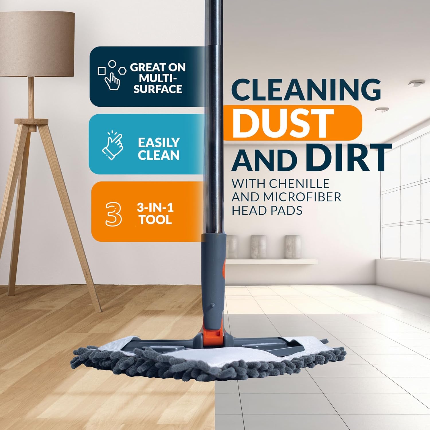 Wall Cleaning Mop with Long Handle 85 inches, 6 Microfiber Reusable Mop T71210