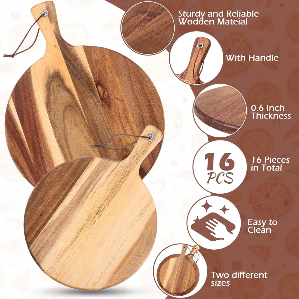 16 Pack Acacia Wood Cutting Board with Handle Thick Round Charcuterie Boards 2 Size K46775