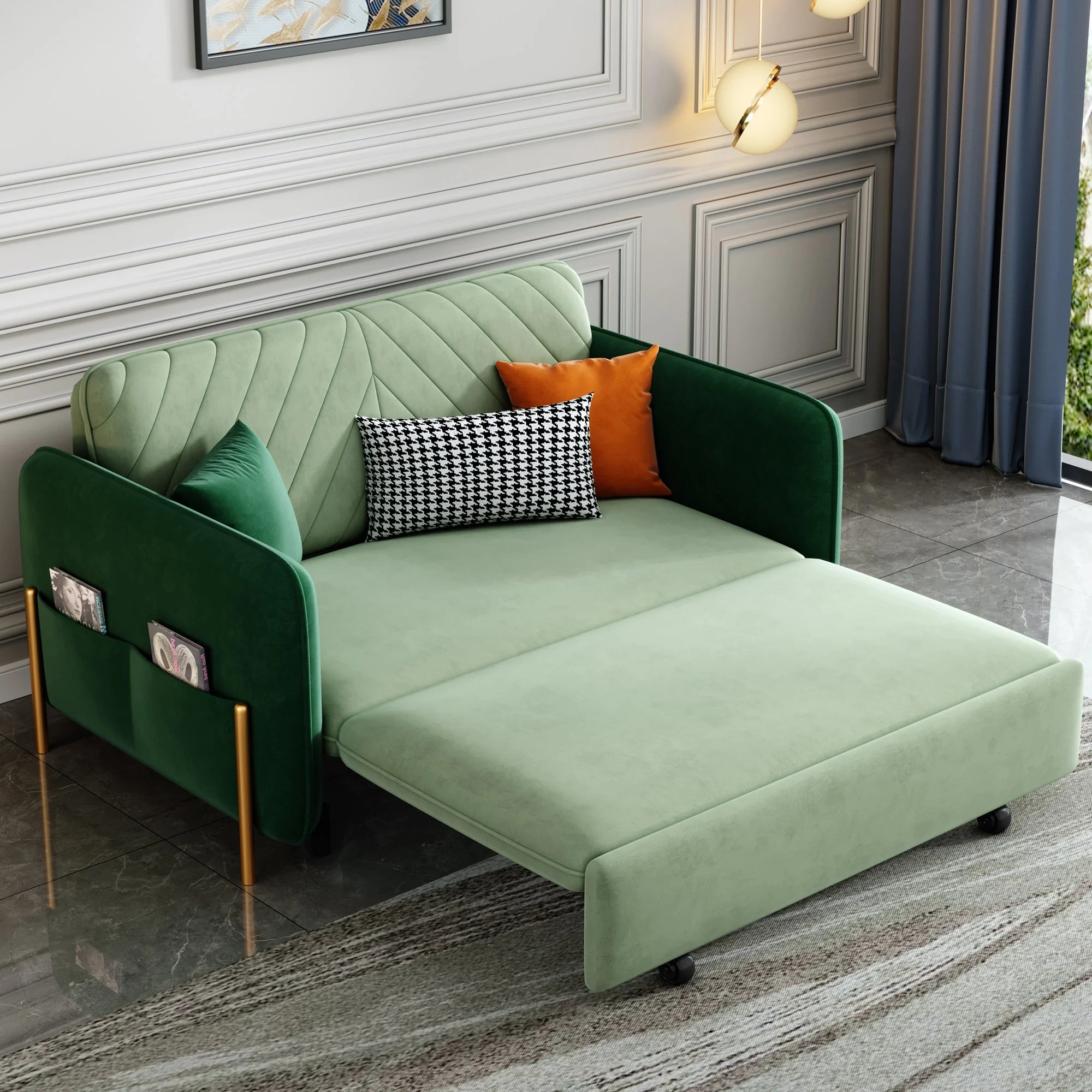 Green Velvet Convertible Sleeper Sofa X17530