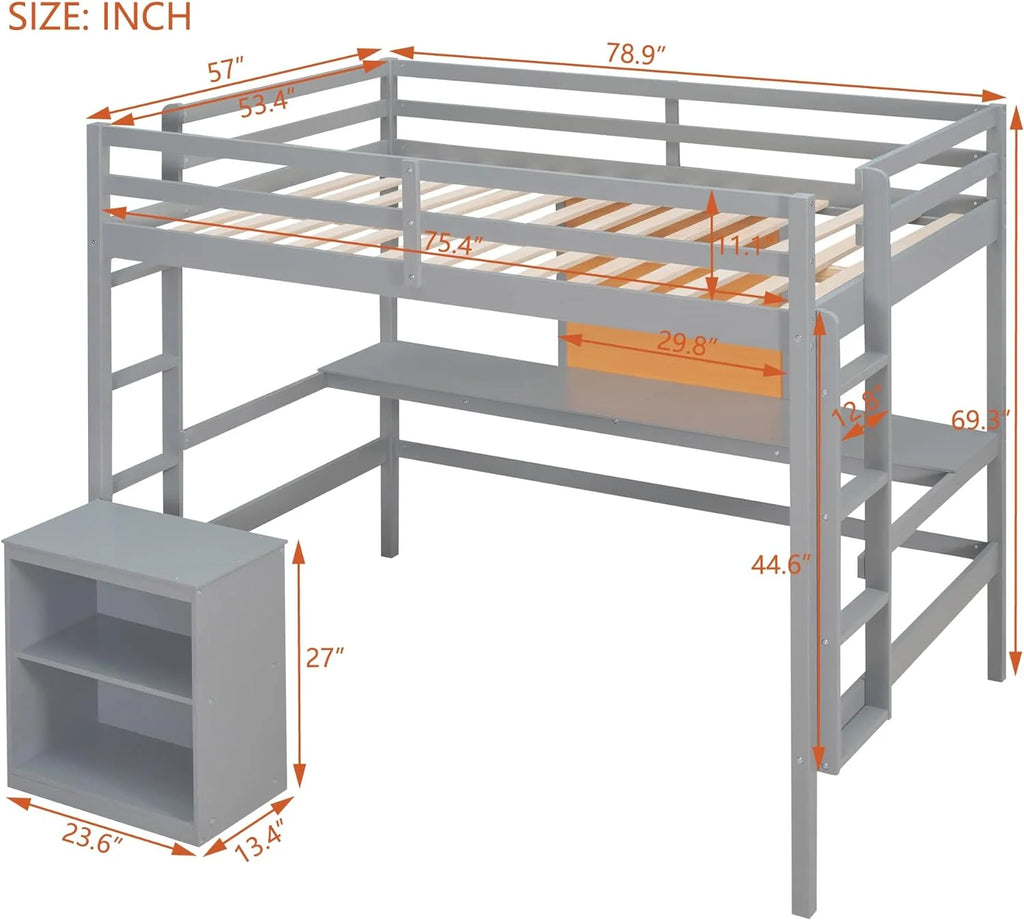 Gray Wood Loft Bed Frame With Desk, Storage Shelves And Writing Board, Two Ladders And Moveable 2-Shelf Cabinet C338
