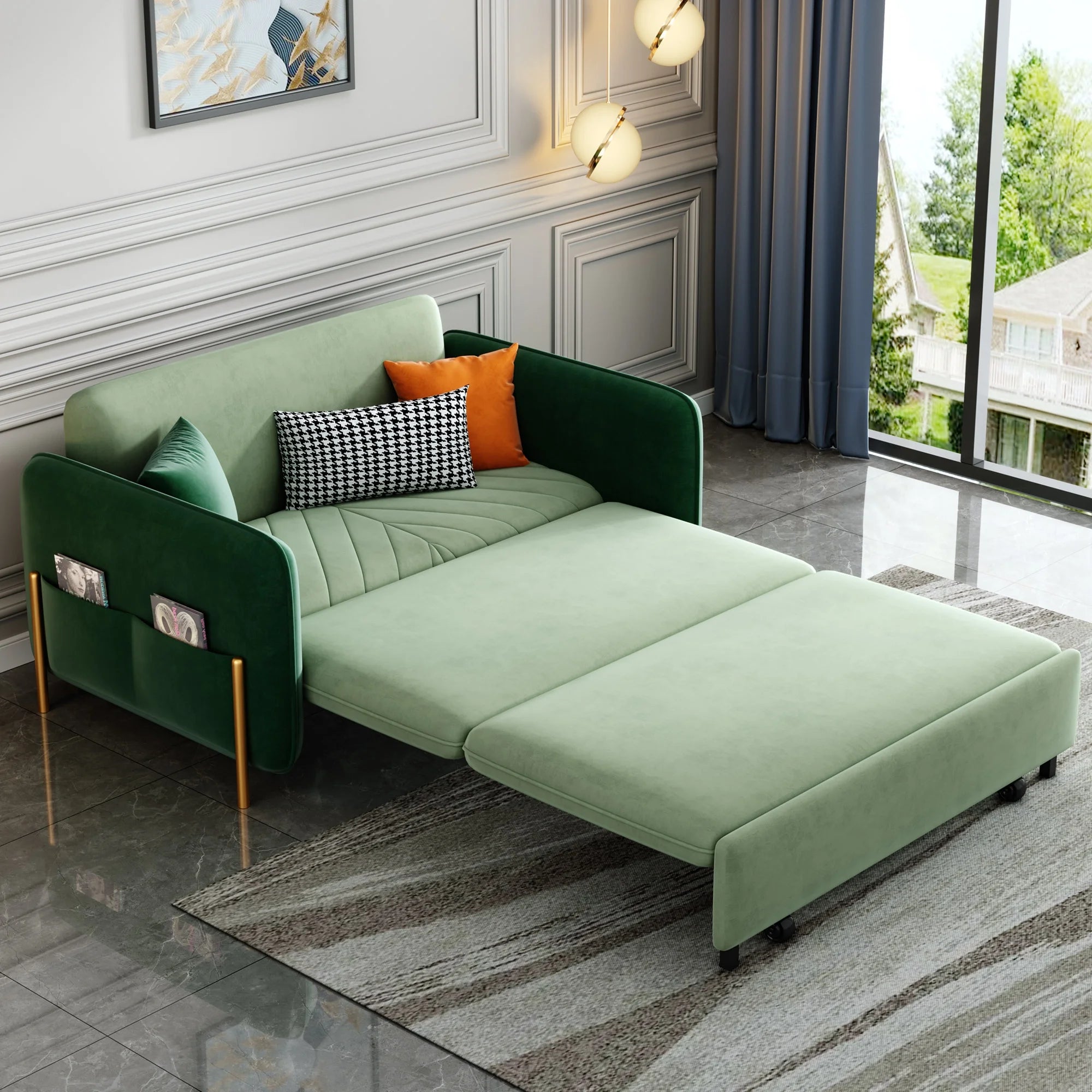 Green Velvet Convertible Sleeper Sofa X17530