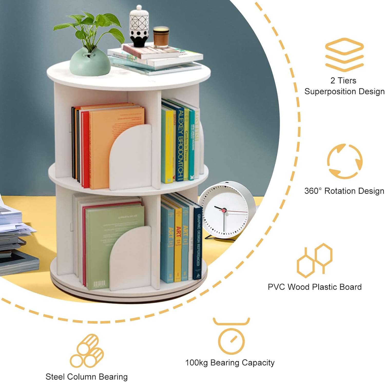 White 2 Tiers Rotating Bookshelf D17695